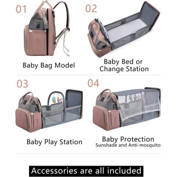 Large Diaper Bag Backpack with Changing Station Travel Baby Bag Pink for Girls - Picture 2 of 7